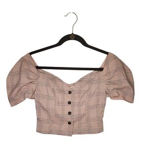 NWT Sensemill Women's Pink and Gray Puff Sleeve Plaid Corset Top Size S
